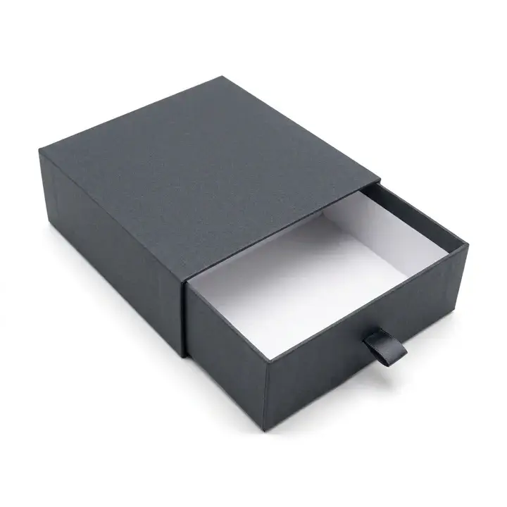 Sliding drawer style rigid box with ribbon pull